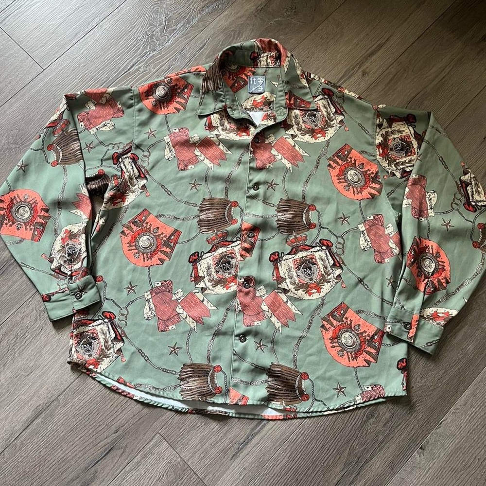 VINTAGE 90s JAPANESE traditional art AOP lightweight flowy boxy button up